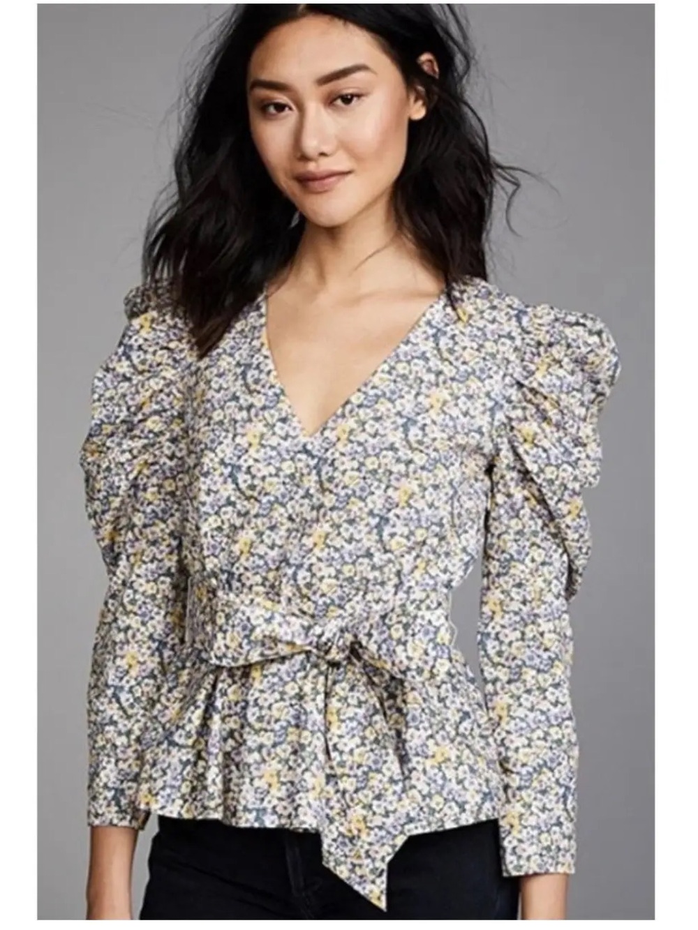 Rebecca Taylor La Vie Small Floral Poplin Cotton V-Neck Puff Sleeve Peplum Top